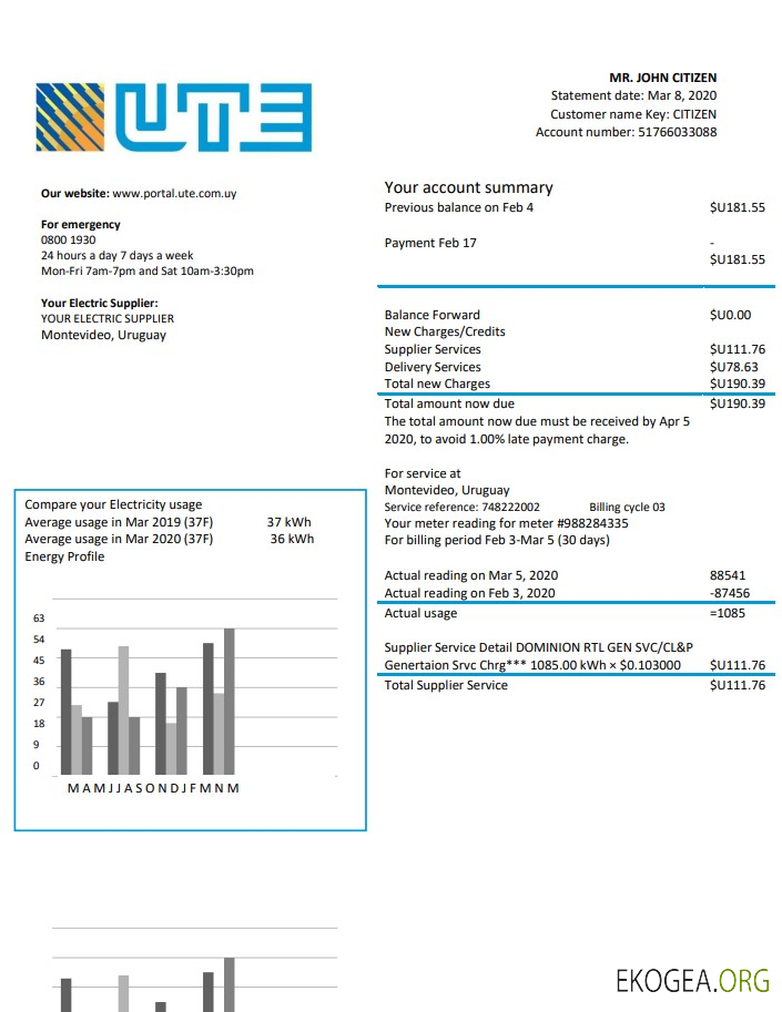 Uruguay UTE Company electricity utility bill template in Word and PDF format